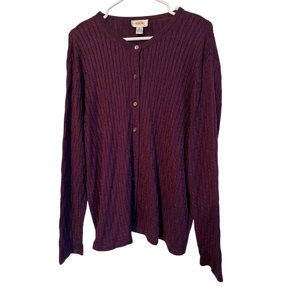 Vintage Talbots 100% Silk Cable Knit Cardigan Sweater Plum Purple Button XL